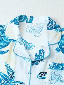 2pcs Comfortable Turtle & Shell Print Polo Collar Button Short Sleeve Top With Pockets And Bow Shorts Pajamas Set, For Spring & Summer Home Wear - Blue - View 3