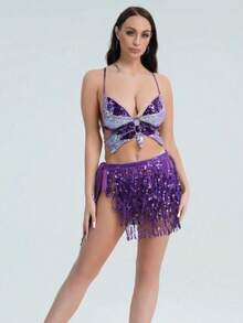 2pcs Set Glitter Fringe Strap Dress For Belly Dancing, Latin Dance, Stage Performance, Competition - 彩色 - 查看 25