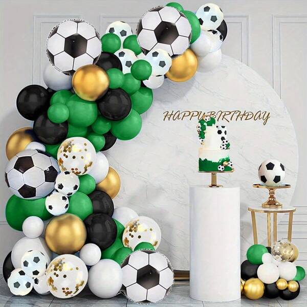 Football Balloon Arch Kit, Soccer Party Decorations, Black, Green And White Print 10inch, 12inch Foil And Latex Balloons, 93pcs, For Summer Events, Boys Girls Kids Babies Shower Birthday Room Party Decor