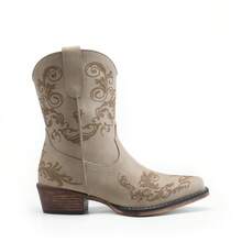 女式西部风短靴：低跟粗跟、方头、秋季短靴 - 米色 - 查看 6