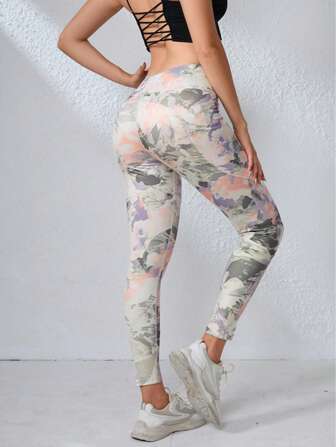 女式高腰印花瑜伽裤，带侧袋，修身跑步扎染运动紧身裤