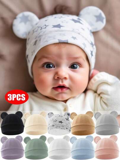 3 pièces Nouveau-né Bébé Hôpital Chapeaux, Respirant, Doux Et Confortable, Oreilles D'Ours Mignon, Pour Bébés Garçons Et Filles, Styles D'Automne Et D'Hiver