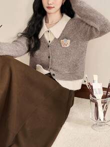 Alicedudu Áo len cardigan cổ bẻ 2 trong 1 dễ thương thời trang thu đông dành cho nữ - Màu cà phê sữa - Xem 4