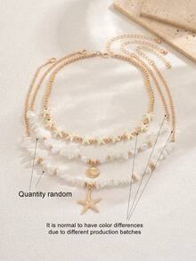 Juego de 3 collares con colgantes de piedra personalizada, perla de CCB, turquesa, estrella de mar y concha marina, estilo bohemio de vacaciones en la playa - Blanco - Ver 5