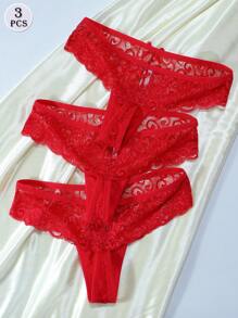 3件套性感蕾丝丁字裤，低腰女式 - 紅色 - 查看 3