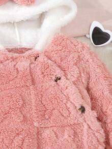 Baby Girls' Hooded Fleece Jumpsuit With Bow Decor, Long Sleeve Jumpsuit For Girls, Autumn/Winter - Pink - View 5