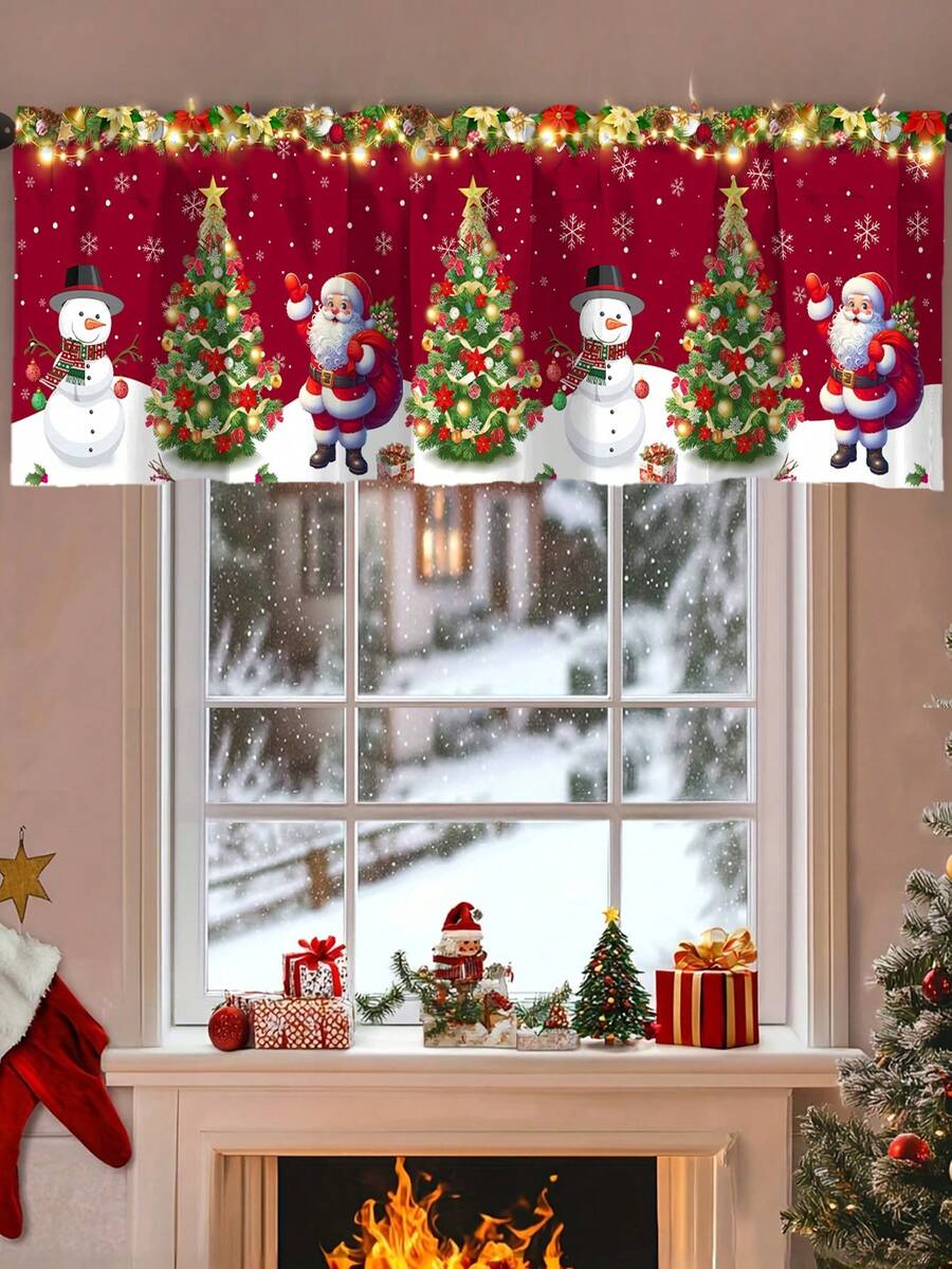 1 pièce/2 pièces Rideau de Noël avec volant Père Noël 45*140cm/150*60cm en polyester avec motif bonhomme de neige et passant pour tringle. Décorations de Noël 2025 pour la maison, chambre, salon, cuisine, salle de bain, buanderie. Cadeau de Noël et Bonne Année 2026