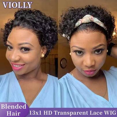 VIOLLY Perruque VIOLLY 13x1 à coupe pixie avec dentelle transparente - Perruque courte bouclée à ondulation profonde en cheveux humains pour une densité de 150%, aspect naturel et coiffure confortable. Perruque de remplacement de cheveux stylée.
