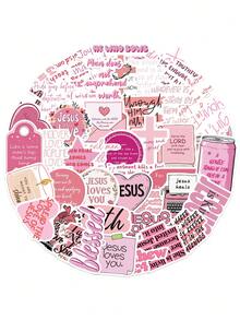 50pcs Pink Bible Jesus Graffiti Scripture Creative Stickers Decorative Mobile Phone Case, Water Cup, Guitar, Computer Waterproof Decals