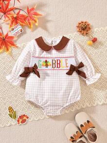 Conjunto de fiesta de Acción de Gracias para bebé niña con body de manga larga con cuello Peter Pan, bordado con eslogan y holgado