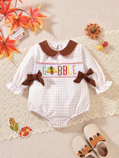 Conjunto de fiesta de Acción de Gracias para bebé niña con pijama de manga larga con cuello Peter Pan, bordado de eslogan y holgado