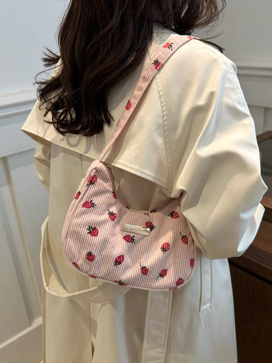 Fashionable Versatile Textured Solid Color New Plant Printed Shoulder Bag, Casual Simple Mini Baguette Square Crossbody Handbag For Women - Pink - View 1