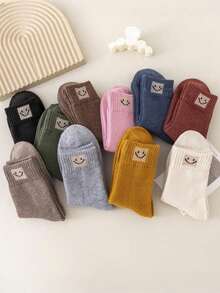 5双女士厚毛绒袜子，随机纯色，几何图案和面部图案，优雅舒适，适合秋冬季日常休闲穿着 - 彩色 - 查看 4