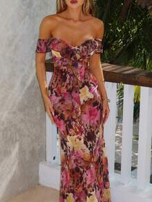 1 件花卉印花优雅性感针织面料系带连衣裙，适合生日派对，秋季