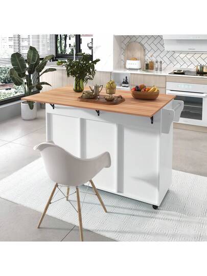 Kitchen Isl Sideboard Marble Effect Worktop, Extendable Tabletop Storage Space, Serving Trolley Wheels Drawers, Ideal Dining Room view 2