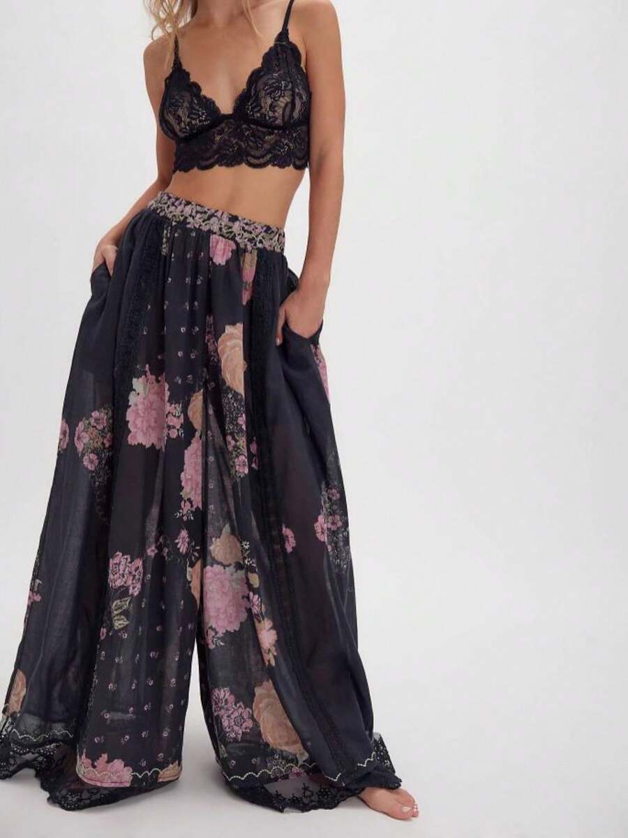 Women Casual High Waist Wide Leg Pants Vintage Flower Print Lace Trim Summer Long Pants Lounge Beach Trousers - 黑色 - 查看 1