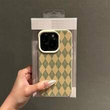 1pc TPU Material Elegant Classic Retro College Style Yellow Green Diamond Plaid Pattern Phone Case Compatible With IPhone/Redmi Phones - White - View 2