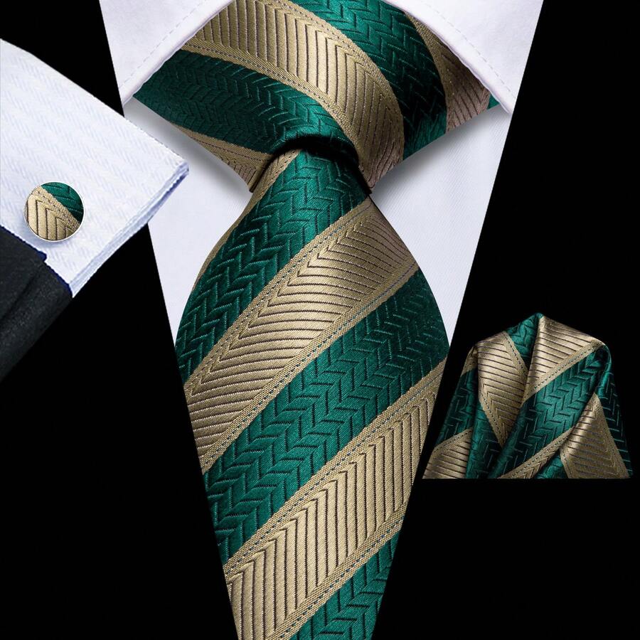 Olive Golden Striped 3pc/Set Mens Tie Hanky Cufflinks Necktie Set Formal Party Prom Dinner Ideal Gift Wedding Office - 橄欖綠 - 查看 1