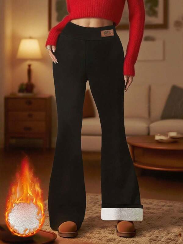 Women's Thick Lined Flared Pants, High Waisted Skinny Wool Trousers, Elastic Waist Warm Winter Pants