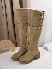 Fashion Reversible Fold-Over Thick Sole Knee-High Boots For Women, New Autumn/Winter Chunky Heel Riding Boots Fuzzy Boots