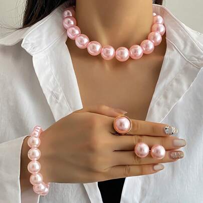 5 Peças Conjunto de Pérolas Feminino, Anéis, Brincos, Pulseiras, Colares, Uso Diário