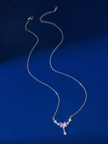 1pc Elegant Copper-Inlaid Zirconia Teardrop & Flower Pendant Necklace, Fashionable & Versatile Choker Necklace, Great Gift For Friends