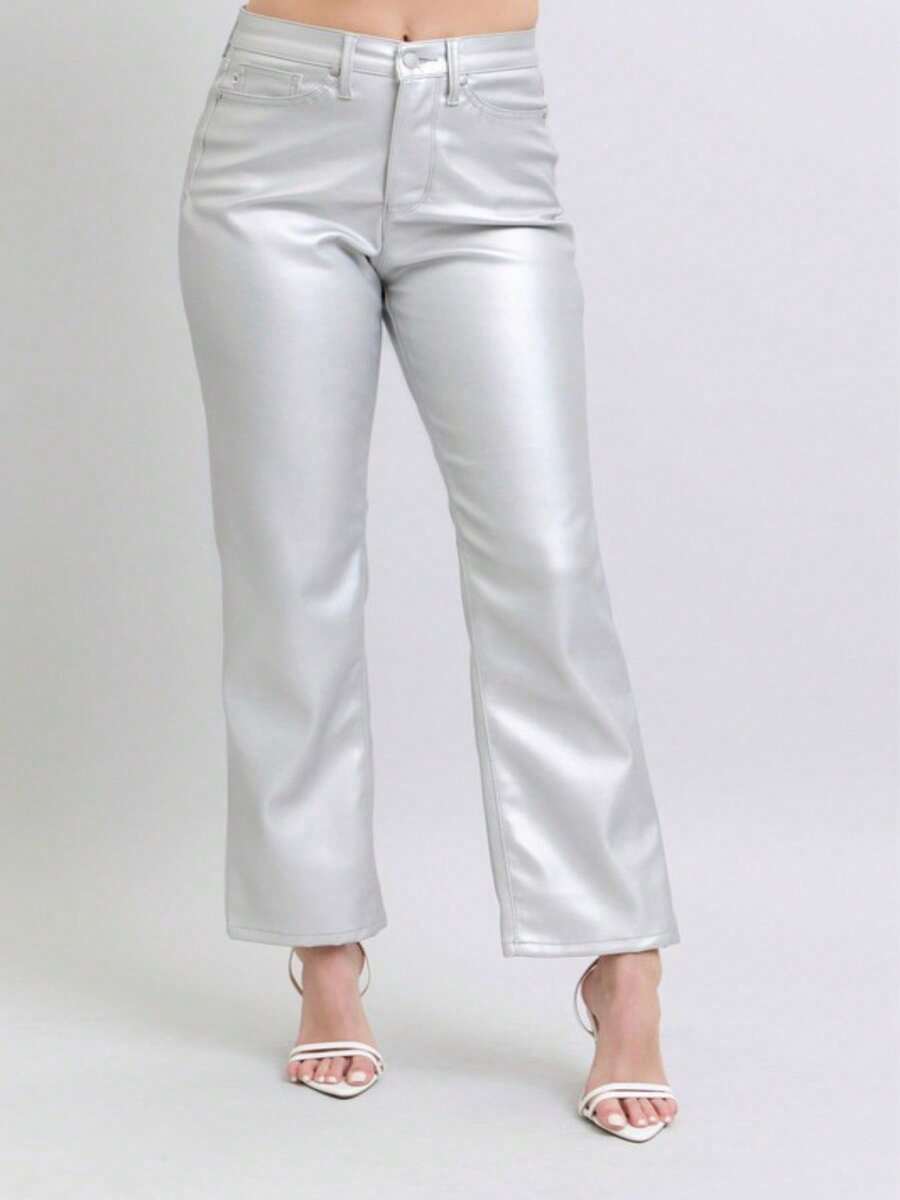 Womens Casual Straight Leg Pants Fashion Metallic Faux Leather High Waisted Trousers Glamorous Statement Bottom Wear Shiny Pearl White Perfect For Party Club Night Out Dancing Evening Wear Modern Street Style Fashion - 金屬銀 - 查看 1