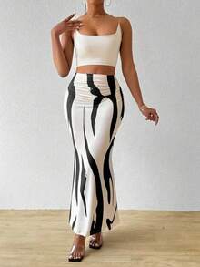 女士印花褶饰修身优雅美人鱼下摆铅笔裙，简约时尚，适合夏季 - 彩色 - 查看 4