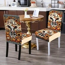 1/4/5/6/7/36pcs Autumn Theme, Cows, Pumpkins, Sunflowers Printed Chair Covers / Chair Cover Set, Suitable For Indoor Home Restaurant, Hotel Modern Daily Decoration,Party Decoration,Wedding Decoration,Dining Room Decoration,Kitchen Decoration,Tablecloth Suitable For Square Tables, Elastic Chair Covers Can Be Washed - ZYT-085 - View 9