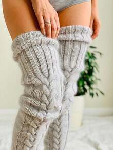 1双针织保暖纯色过膝袜，女士加厚秋冬袜，舒适保暖 - 灰色 - 查看 3