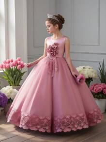 Girls' Solid Color Tulle 3D Floral Elegant Formal Dress, Suitable For Weddings And Banquets, Excluding Headband