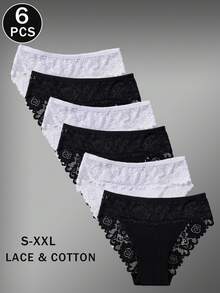 6件套优雅纯色棉质内裤舒适款式蕾丝边女式三角裤 - 黑與白 - 查看 3