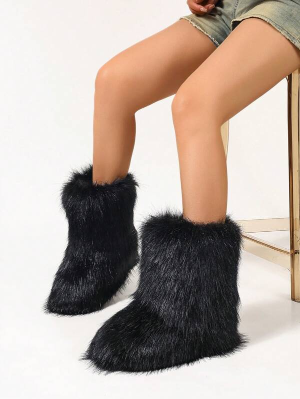 New Winter Warm Fashion Casual Faux Fur Boots, Anti-Slip Snow Boots For Women, Mid-Calf, Christmas Atmosphere, Brown