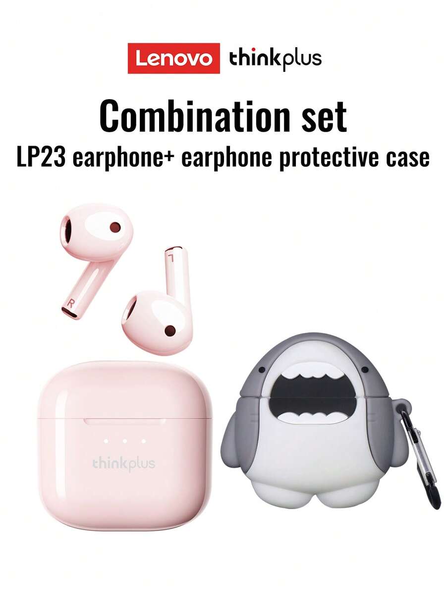Lenovo 联想 LP23 蓝牙耳机保护套组合，半入耳式立体声效果，高清语音通话，灵敏麦克风，智能降噪，音乐游戏双模式，低延迟，长续航，适用于智能手机和电脑 - 粉紅色+1保護套 - 查看 1