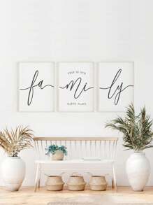3 piezas de arte de pared minimalista con diseño de líneas "Este es nuestro lugar feliz", cita familiar, sin marco