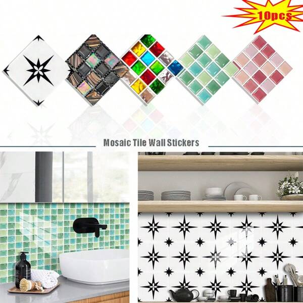 Pack Of 10 Multi-Color Mosaic Pattern Tile Room Decor Wallpaper, Self-Adhesive, Suitable For Fireplace, Kitchen Splashback Decorative Wall, Decorative Cabinets, Dining Table, Living Room, Bedroom, Bathroom, Office, Gym Room Decor, Home Decor Brick Wall Background Removable And Moisture Resistant Tile Sticker Wall Decor Wall Stickers Stickers Living Room Decor