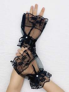 1 双黑白短款蕾丝边手套，女士洛丽塔服装配饰，万圣节、新娘、婚礼手套