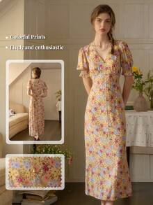 Vestido de verano de mujer elegante y romántico con escote en V, estampado floral diminuto y mangas con volantes, adecuado para citas y ocasiones - Albaricoque - Ver 2