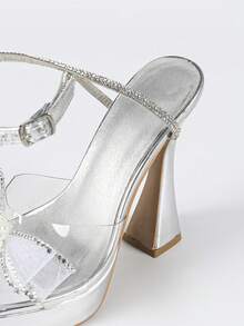 时尚欧美超高跟宴会走秀模特鞋，银色防水台水晶蝴蝶结粗跟方头系带凉鞋