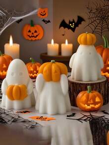 Molde de silicona con diseño lindo de fantasma sosteniendo una calabaza, molde para velas de aromaterapia de interior, decoración artesanal y regalos, molde de yeso y resina - Blanco - Ver 6