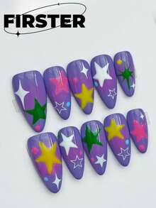 10 件紫色手工美甲，杏仁色多巴胺美甲，手绘星星图案设计，日常适用美甲，独特可爱高级美甲，Y2K 风格美甲极简主义，辣妹，朋克风格，甜美酷炫前卫立体美甲按压式指甲美甲用品指甲