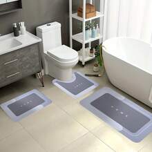3-Piece Super Absorbent Bathroom Mat Set - Non-Slip Machine Washable Rugs For Bath, Shower  Toilet, U-Shaped Contour, Rectangular Mats With HOME Design, Durable Microfiber Floor Covers, Fits Bathroom, Hotel, Dorm - Màu xanh lam - Xem 1