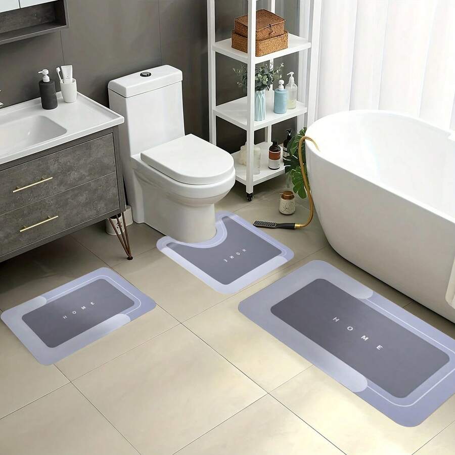 3-Piece Super Absorbent Bathroom Mat Set - Non-Slip Machine Washable Rugs For Bath, Shower Toilet, U-Shaped Contour, Rectangular Mats With HOME Design, Durable Microfiber Floor Covers, Fits Bathroom, Hotel, Dorm - Màu xanh lam - Xem 1
