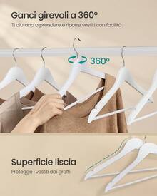 Grucce Appendiabiti Legno, 20/30 Pezzi, Appendini, Salvaspazio, Scanalature su Spalle, Gancio Girevole a 360°, Legno di Betulla, per Pantaloni Giacche, Bianco - Bianco - Visualizzare 5