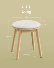 Sgabello per Toeletta, Sgabello Trucco, Sgabello con Gambe in Legno, Poggiapiedi Rotondo, Cuscinetti Antiscivolo, Camera da Letto, Bianco Crema e Beige Rovere - Bianco - Visualizzare 5