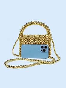 New Mini Black Spikes Beaded Handbag, Tote And Shoulder Bag - Gold - View 6