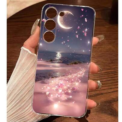 1个粉色沙滩月亮图案透明软壳手机壳，兼容三星Galaxy A04e/12/A13/A14/A34/A50/A52/A53/A54/S21/S22/S23/S24/S25/S25Ultra
