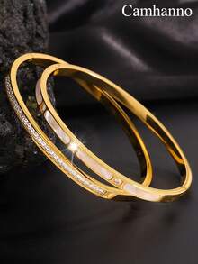 Camhanno 2pcs Of Simple And Fashionable, Elegant And Charming Stainless Steel Zirconia Different Shapes And Styles Bracelet Combination, Add Points To Your Beauty, Suitable For Daily Wear To Send Lovers/Best Friend - Yellow Gold - View 3