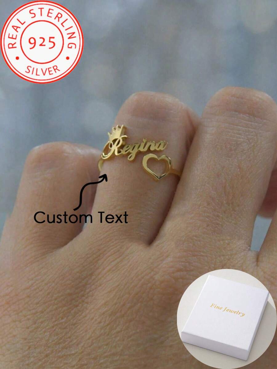 925 Silver Custom Crown Heart Personalized Name Ring For Women, Couples, Family, Friends, Holiday Gifts. Engagement/Wedding Ring Accessory, Valentine's Day Gift, Fashion, Casual, Vintage, Luxury, Minimalist, Customized, Personalized, Unique Ideal Gift. - Multicolor - View 1