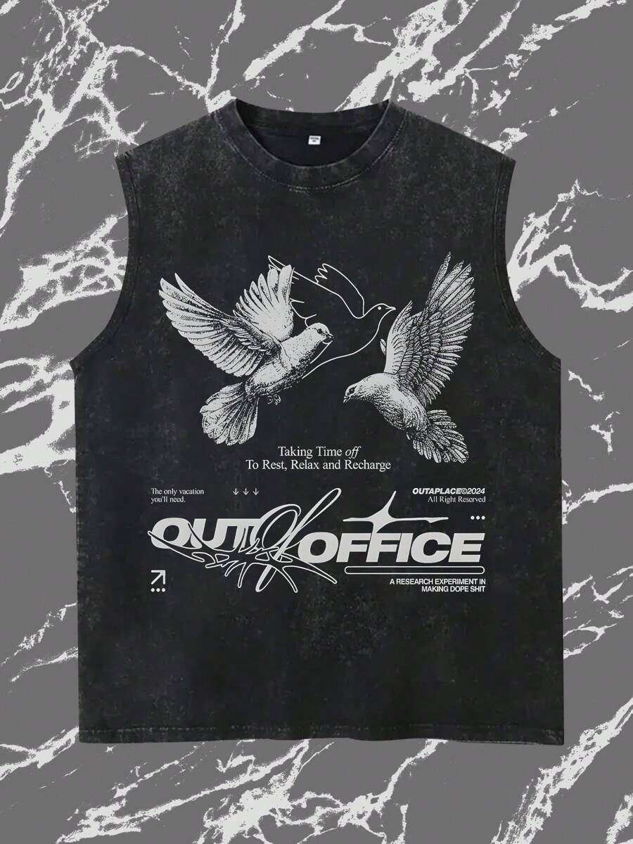 Men's Vintage Washed Black Graphic Tank Top – "Out Of Office" Freedom Streetwear Sleeveless Vest | Chill Vibes Top